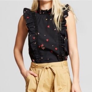 Who What Wear Black Ruffle Floral Sleeveless Top